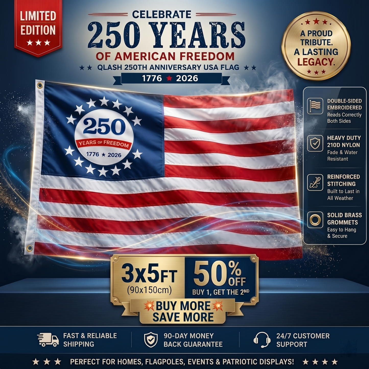 🇺🇸 250th Anniversary USA Commemorative Flag (3x5 Ft),Double-Sided Embroidered