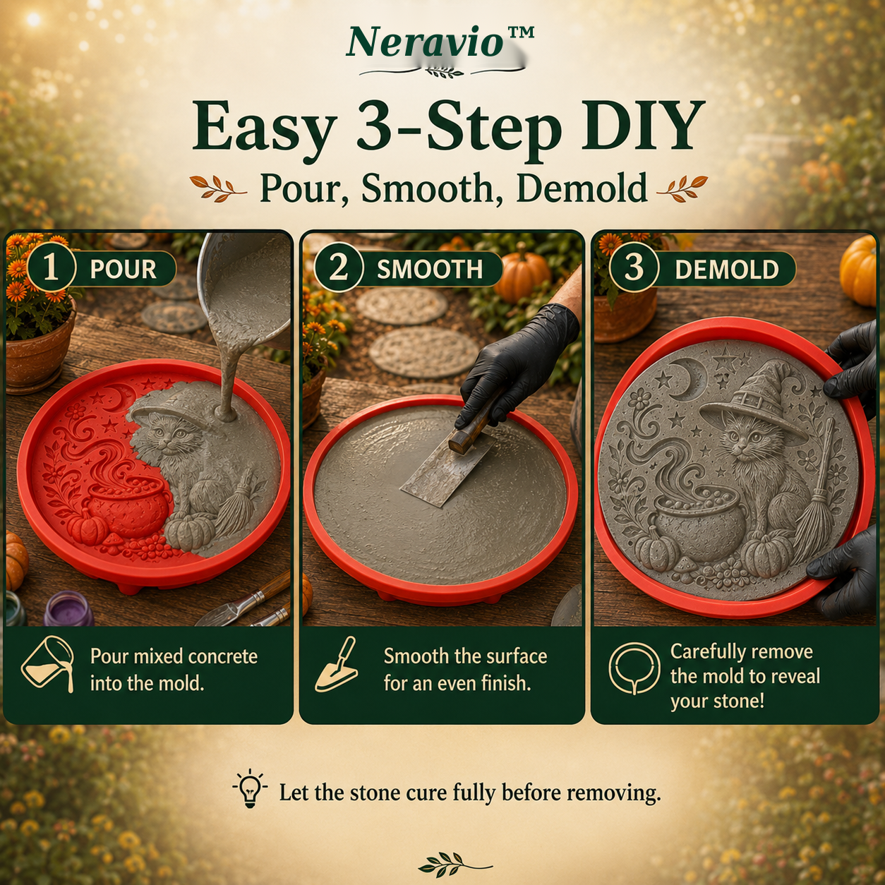Three-step instructions showing concrete poured, smoothed and removed from a Halloween stepping stone mold