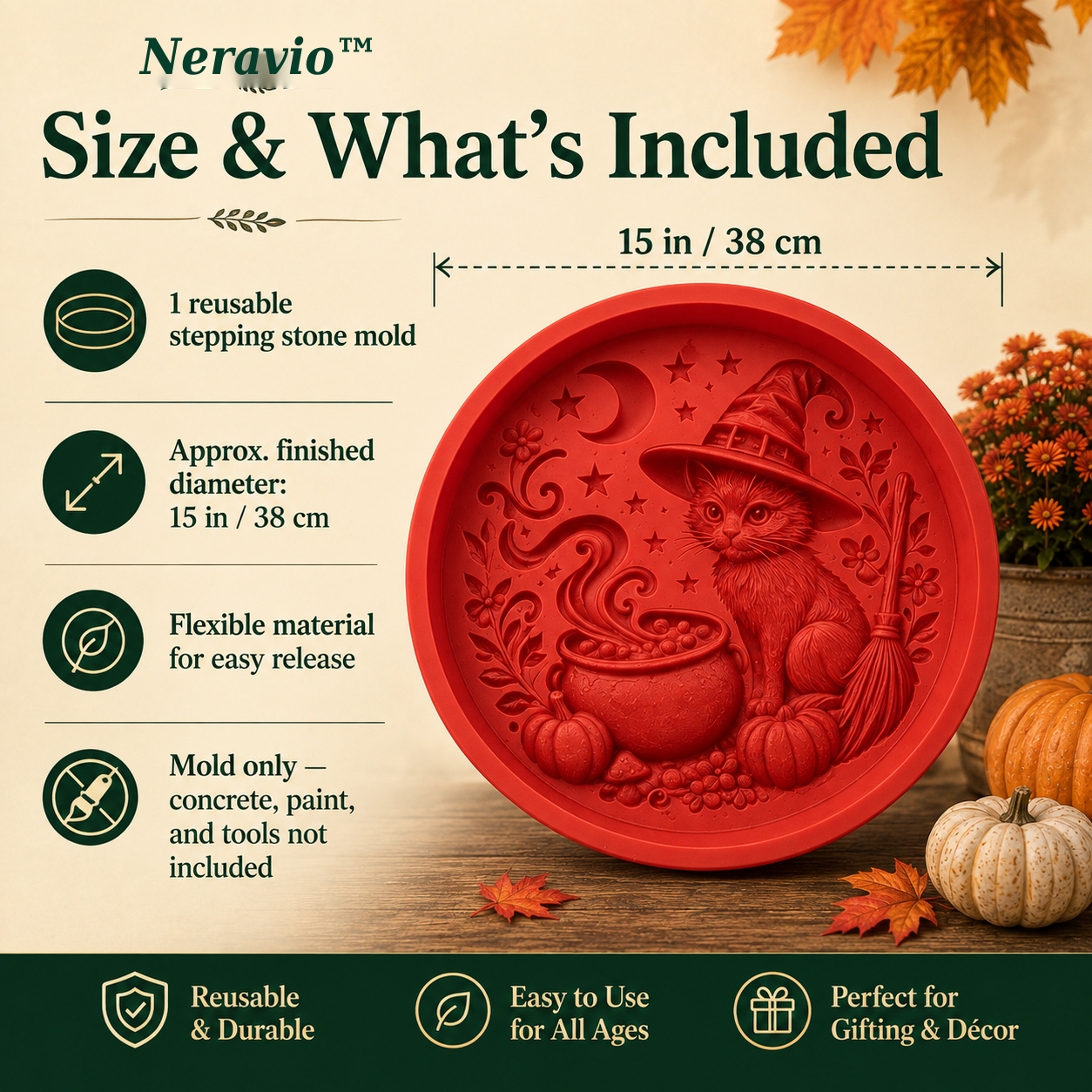 Neravio Halloween stepping stone mold size and package contents showing approximately 15 inches or 38 centimeters