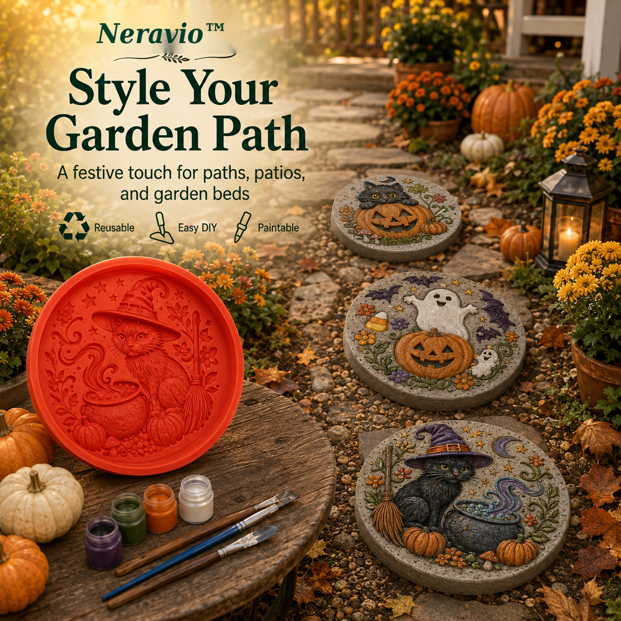 Halloween stepping stones arranged along a decorated fall garden path