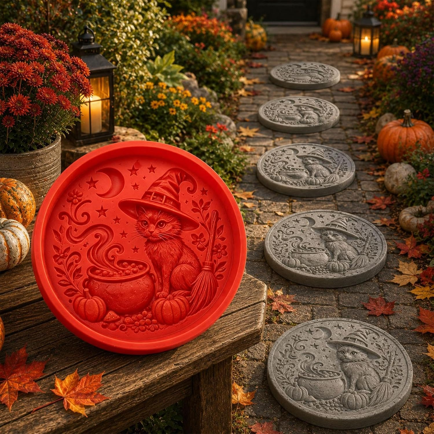 Witch Cat Neravio Halloween stepping stone mold beside finished garden path stones